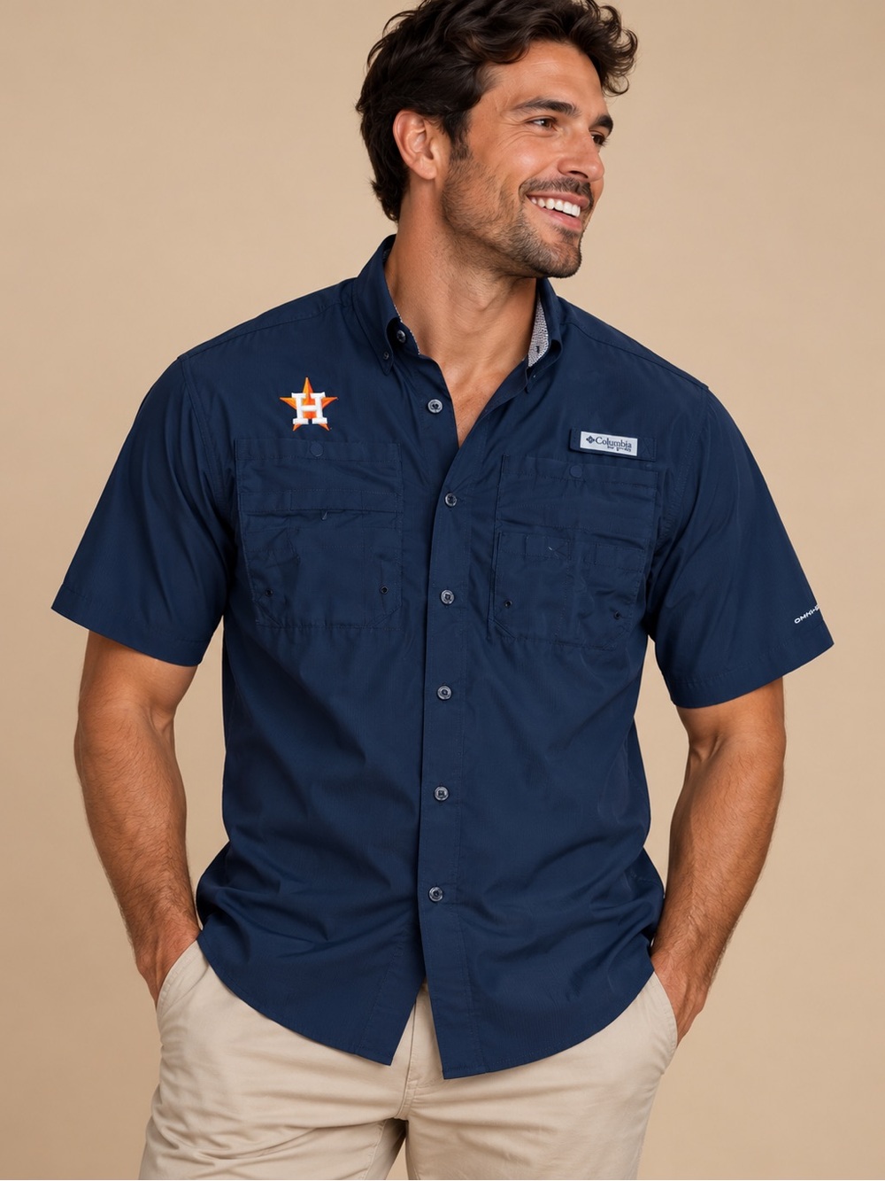Columbia Houston Astros Navy Short Sleeve Fishing Shirt Size S